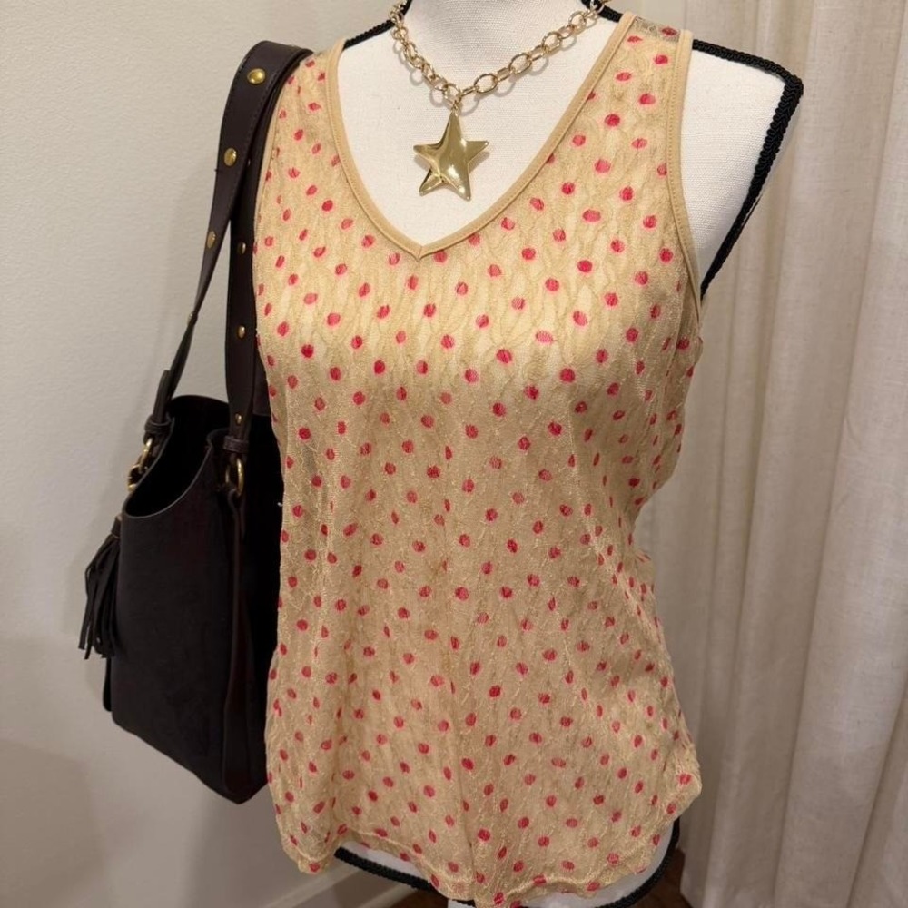 Lily Star Pink Polka Dot Lace V-Neck Tank Top Sleeveless Tan XL Made in USA
